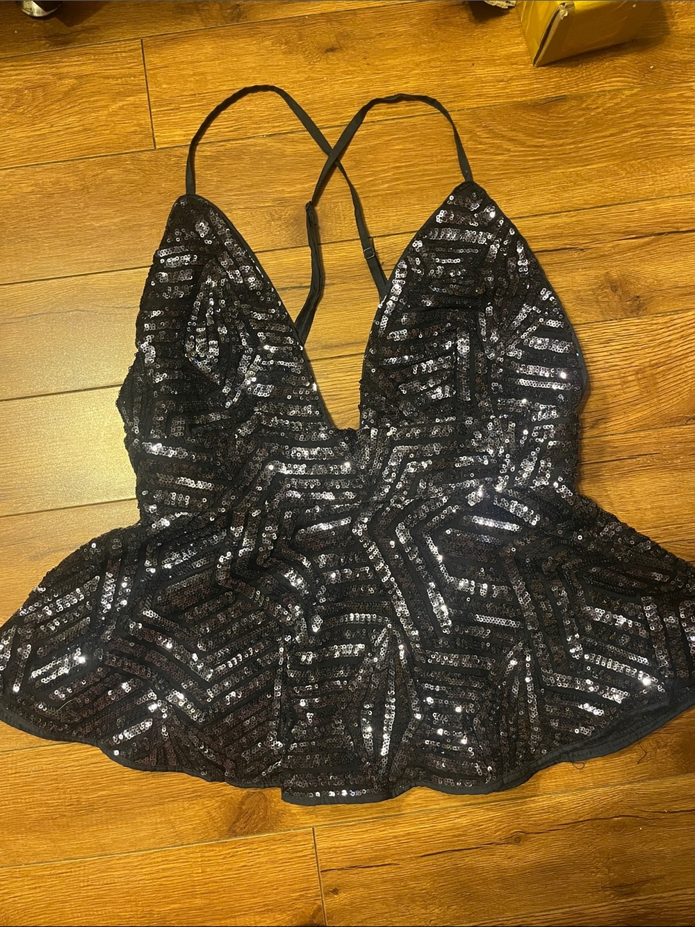 Black Sequin Spaghetti-Strap Peplum Top